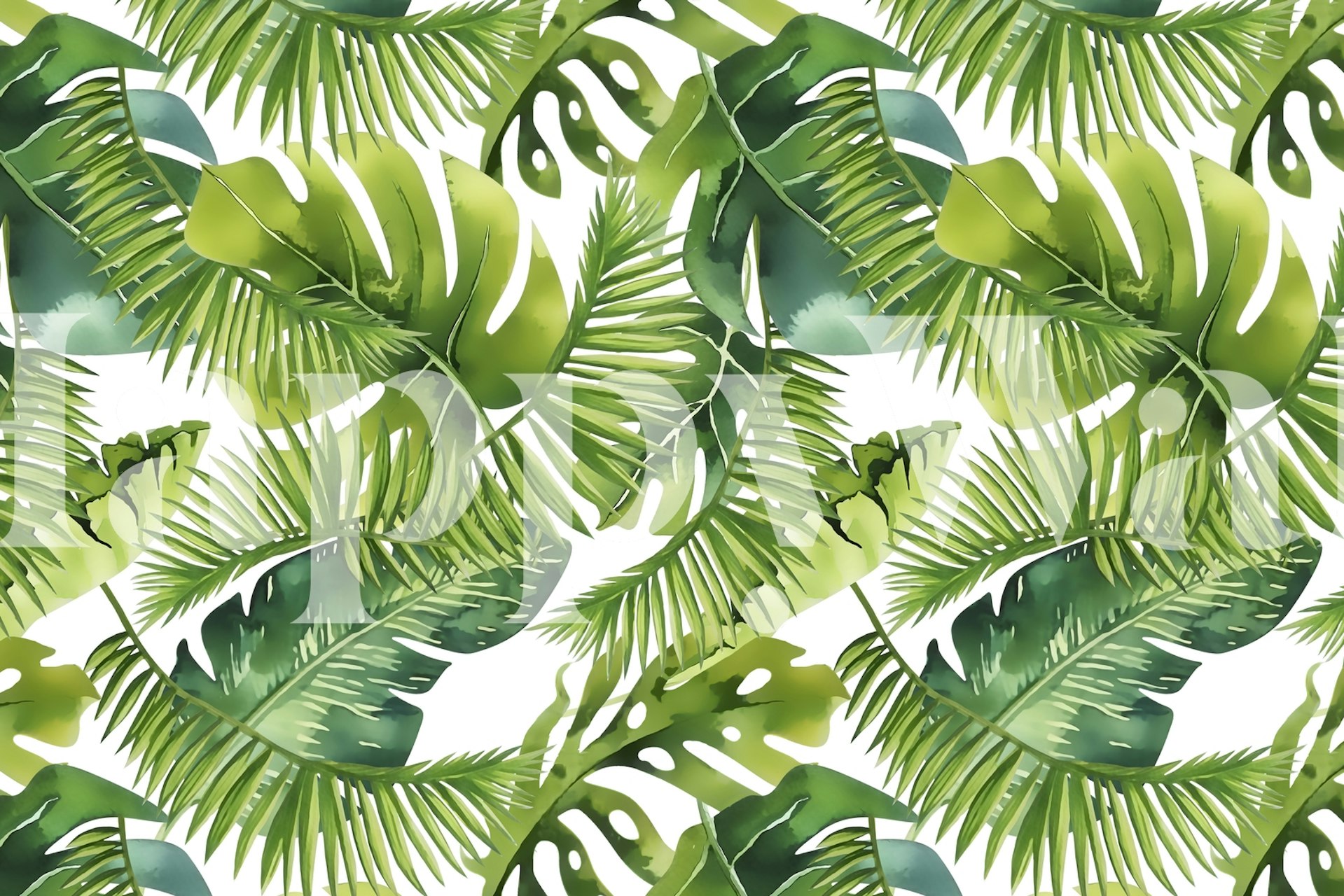 Tropical green jungle wallpaper featuring palm leaves in various greens