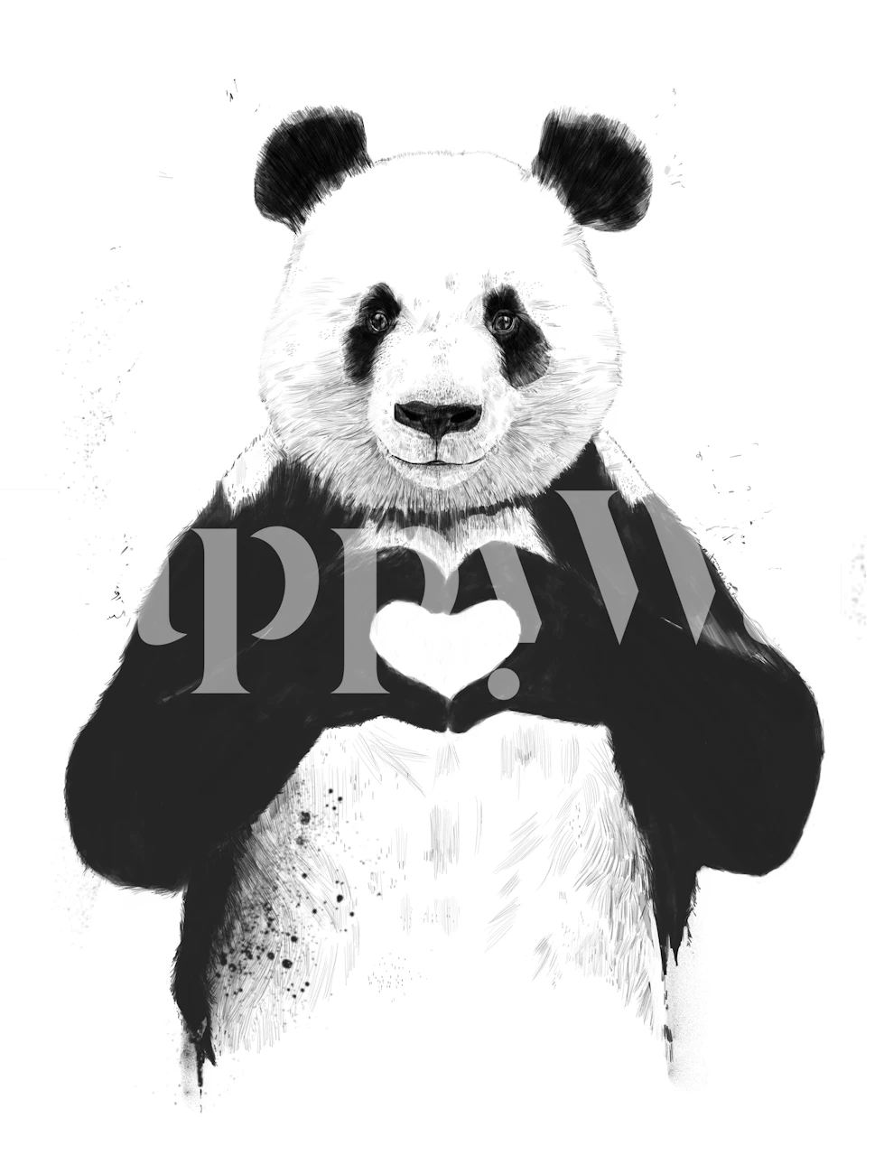 Panda with heart shape hands, black and white wallpaper