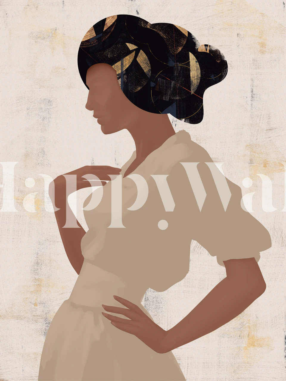 Elegant woman silhouette with floral hair design in beige