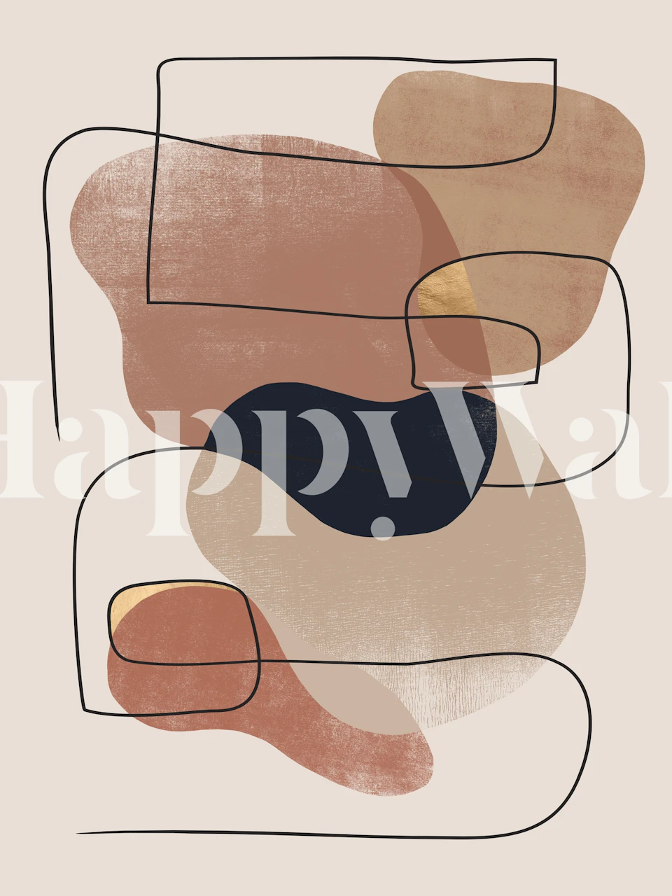 Moderne abstracte vormen in warme aardetinten en zwarte lijnen wallpaper