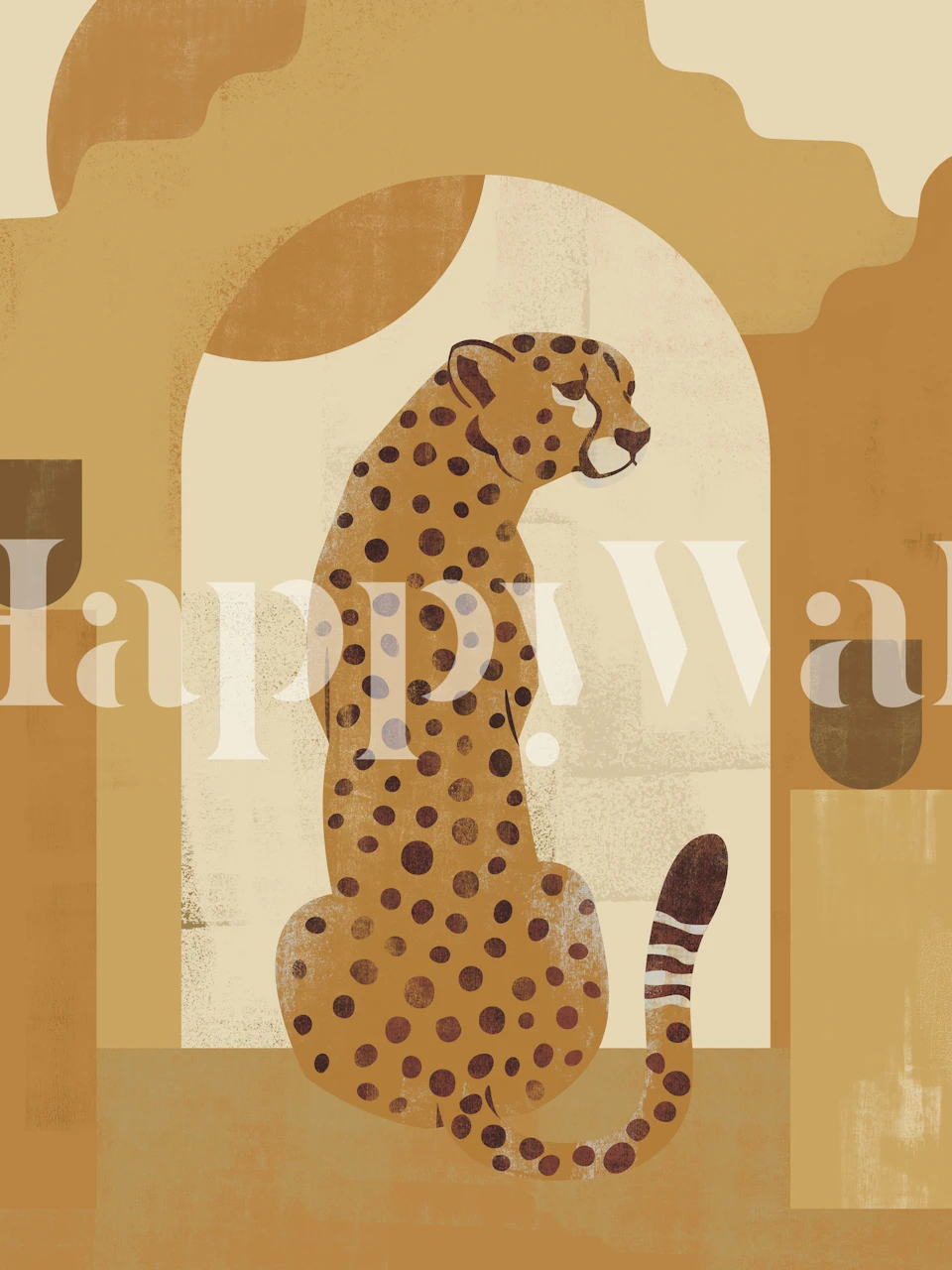 Leopard sitting in an arch, earthy tones and textures, bohemian wallpaper
