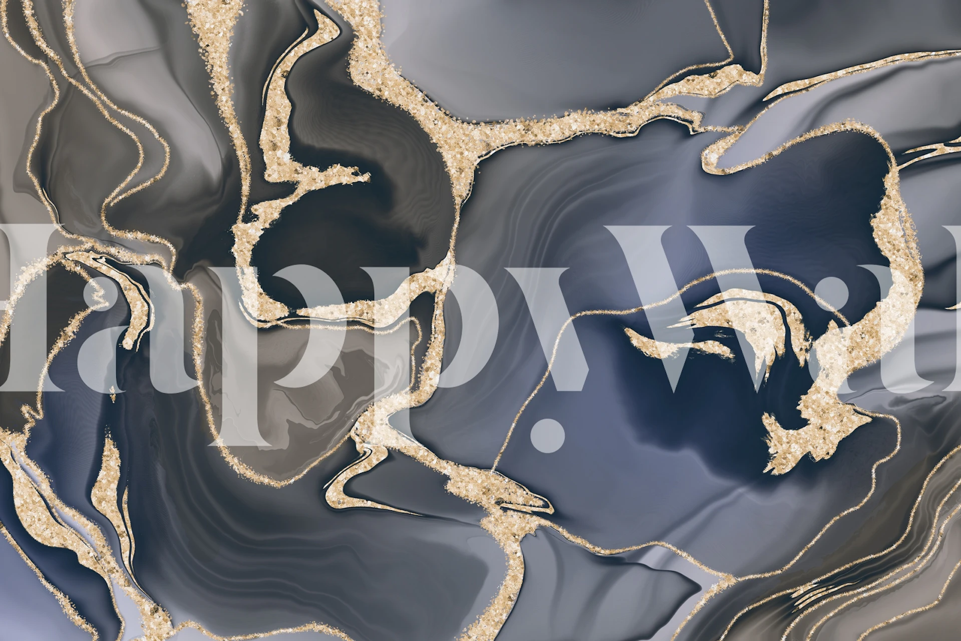 Abstrakti marmoroitu muste-seinämaalaus ruskeissa, sinisissä ja kultaisissa pyörteissä