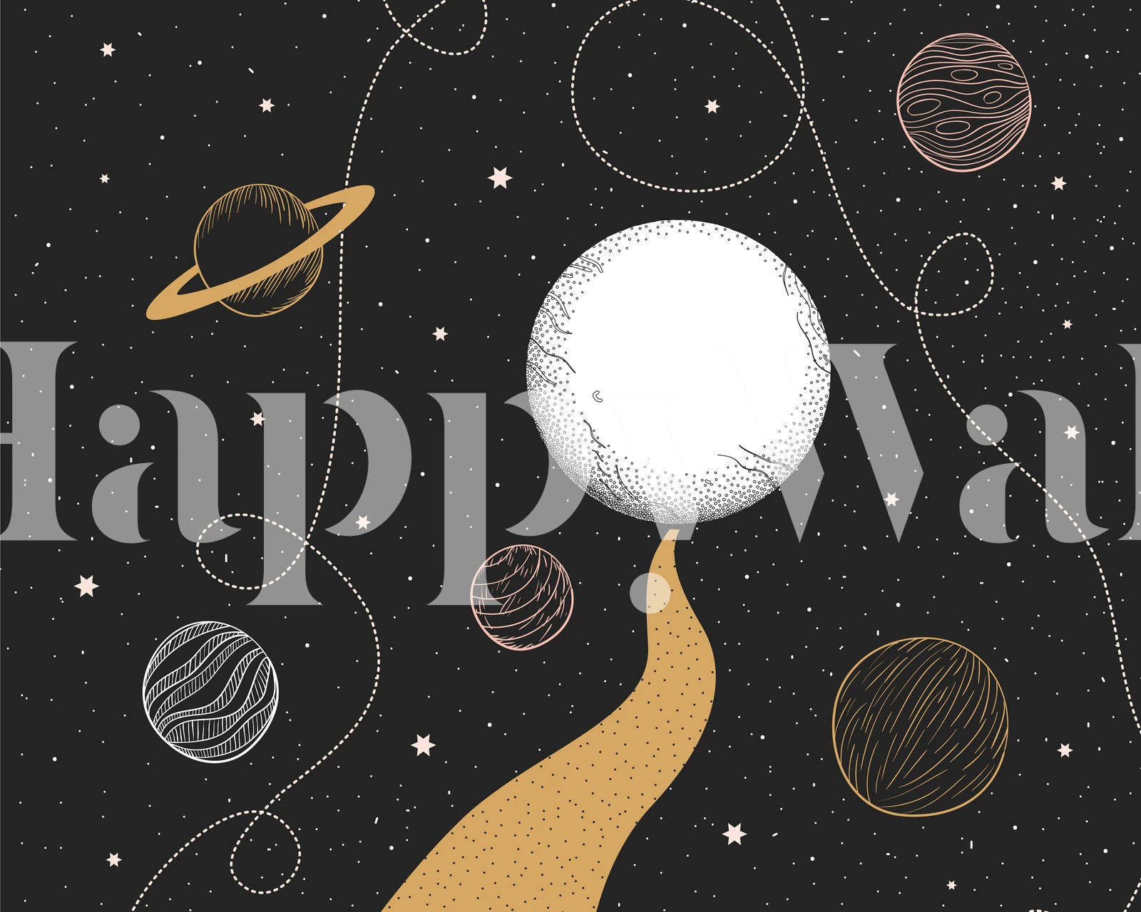 Celestial scene with moon, planets, and stars on black wallpaper