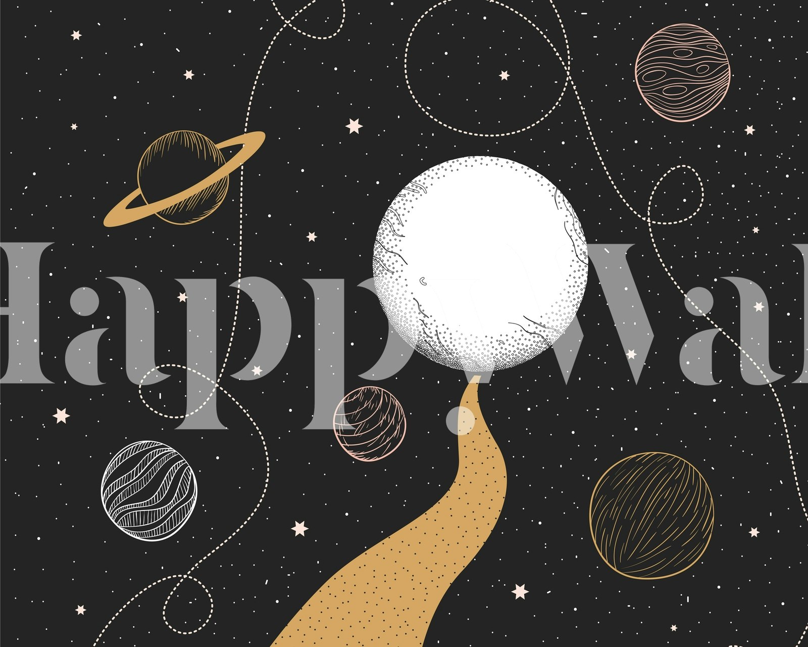 Celestial scene with moon, planets, and stars on black wallpaper