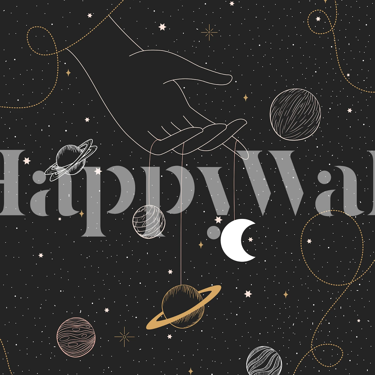 Hand holding planets and moon on a starry black background wallpaper