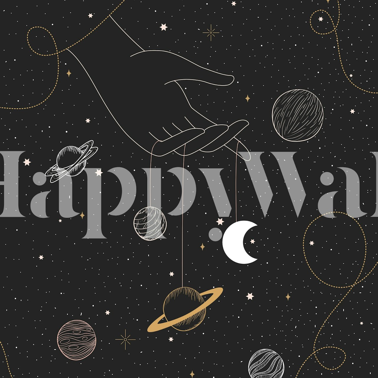 Hand holding planets and moon on a starry black background wallpaper
