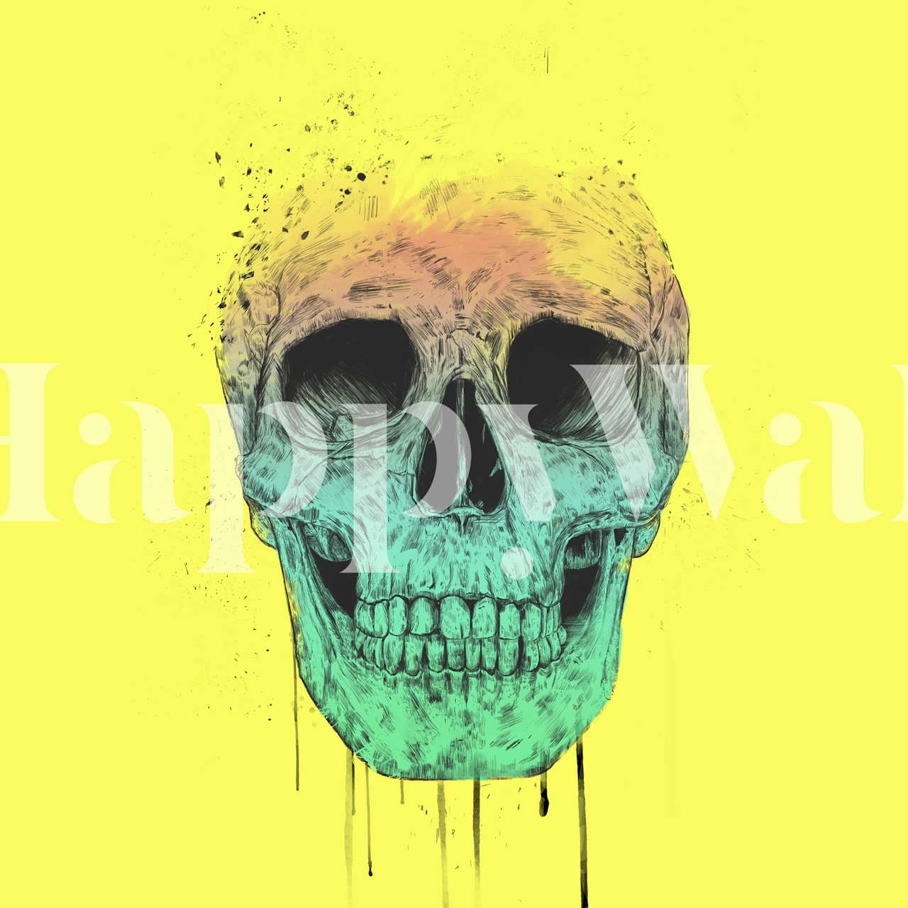 Colorful pop art skull illustration on bright yellow background wallpaper