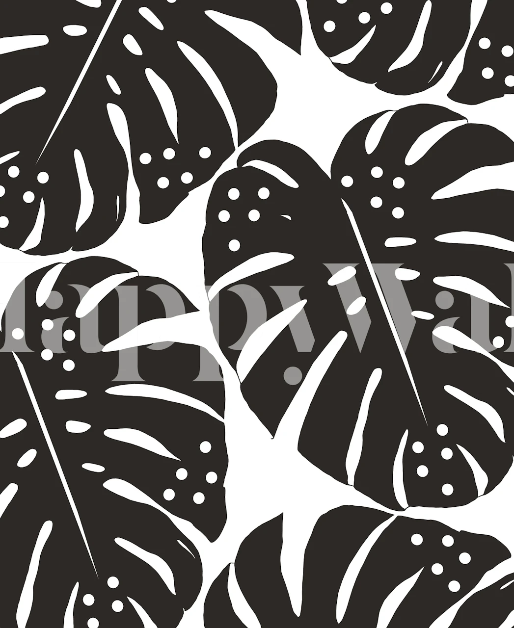 Black and white Monstera leaf pattern with polka dots wall mural