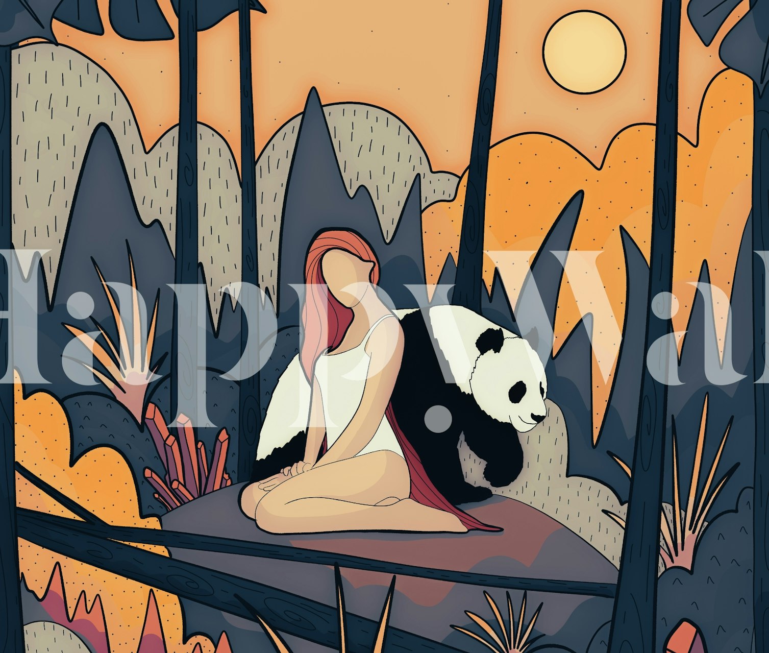 Illustrated panda with girl in vibrant orange and blue landscape wallpaper