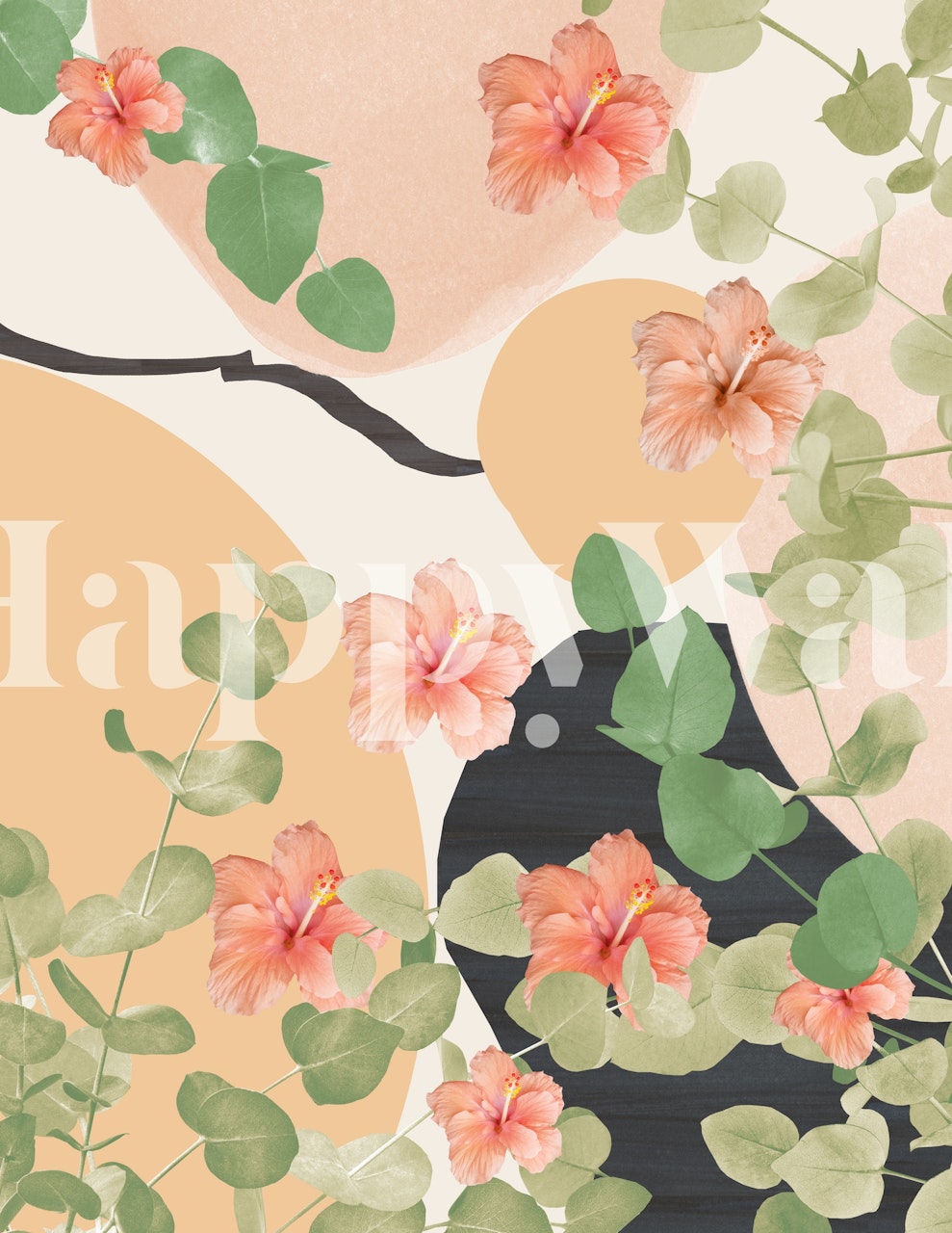 Peach floral patterns with green leaves on a cream background wall mural