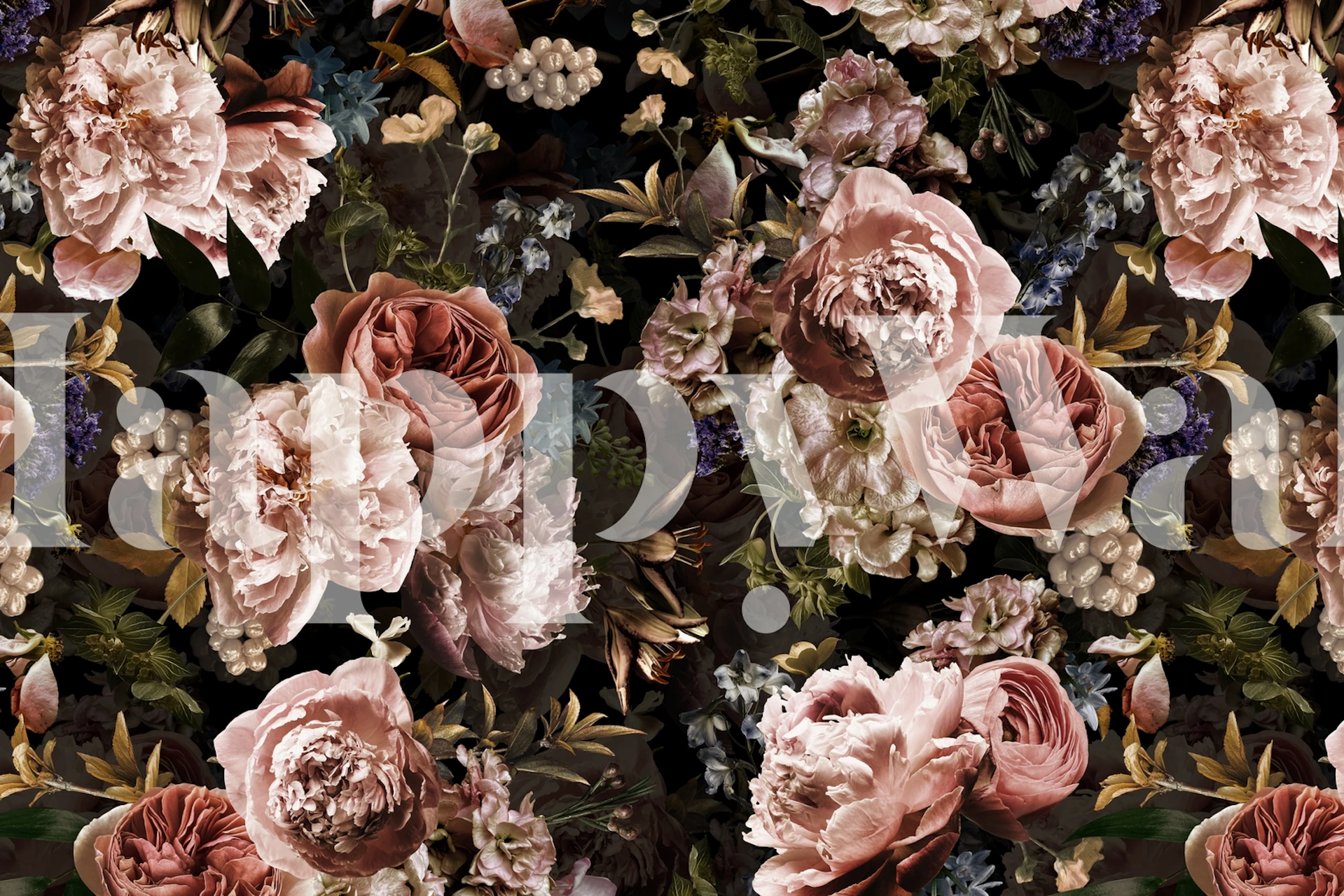Vintage-stil tapet med mørk baggrund og frodige pæoner