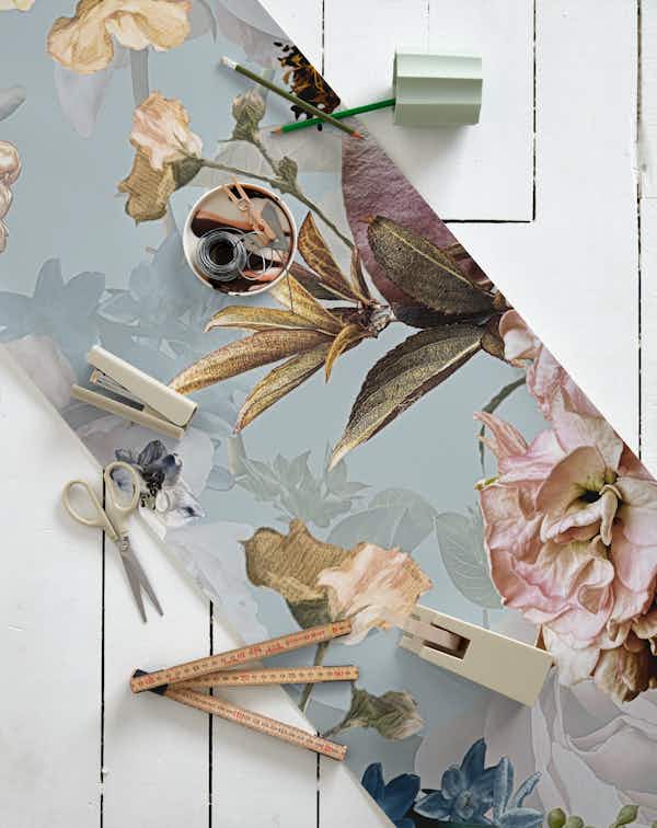 Sepia Blue Baroque Roses wallpaper roll