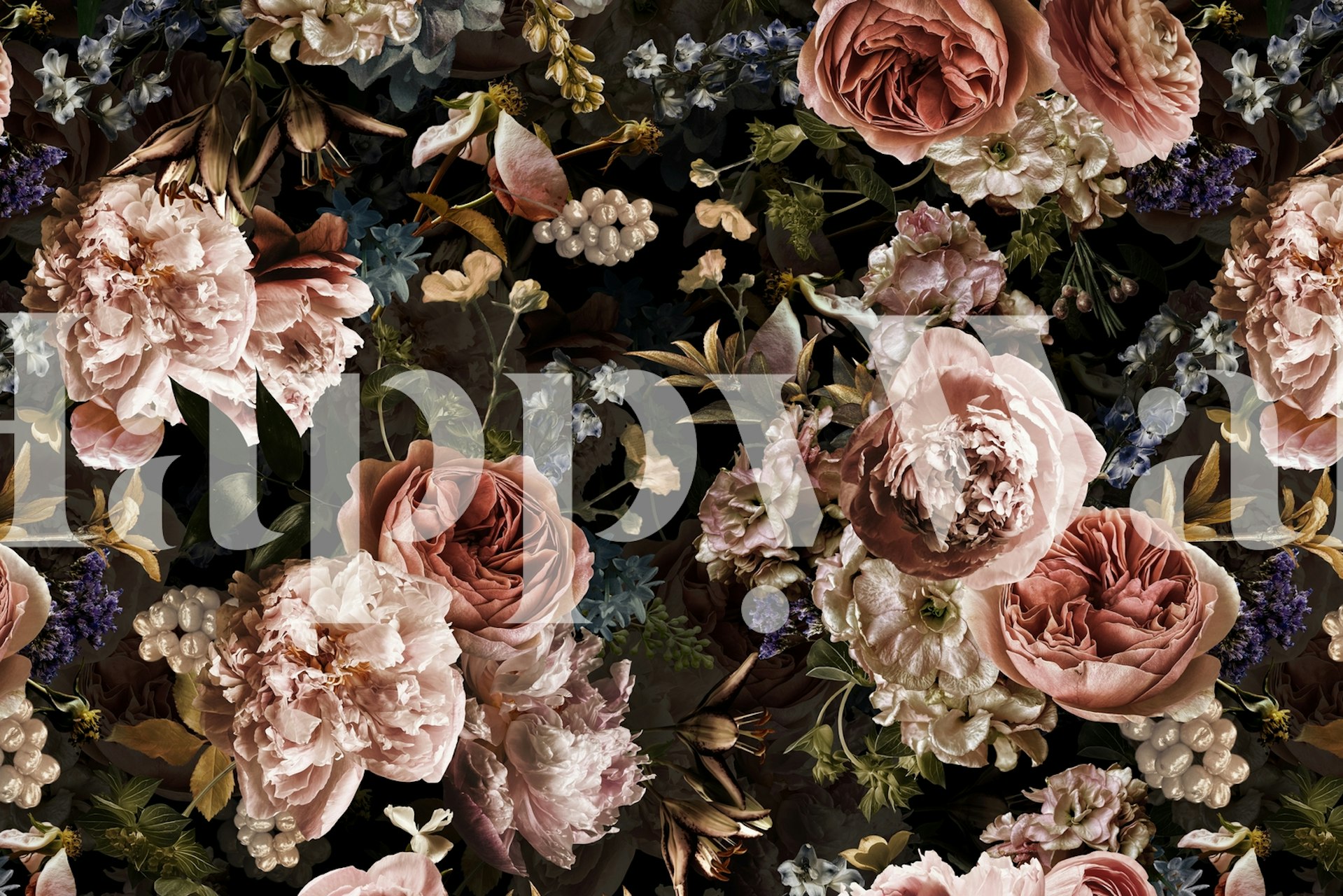 Papier peint mural roses et feuillages de style baroque sur fond sombre