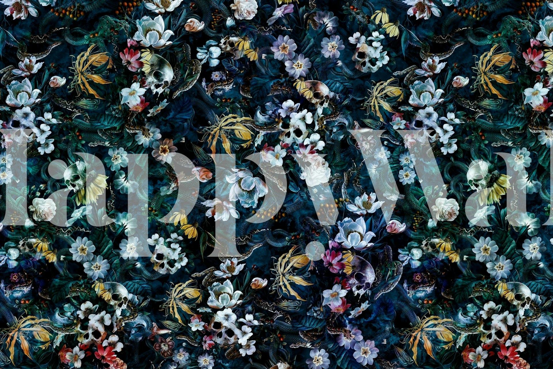 Fascinante fondo de pantalla digital con Skull, Snake y Flowers