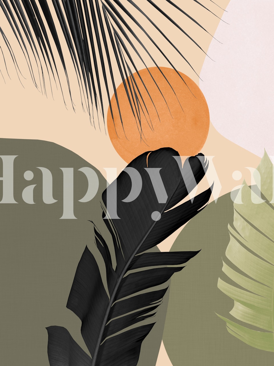 Black tropical palm leaves and orange sun abstract wallpaper