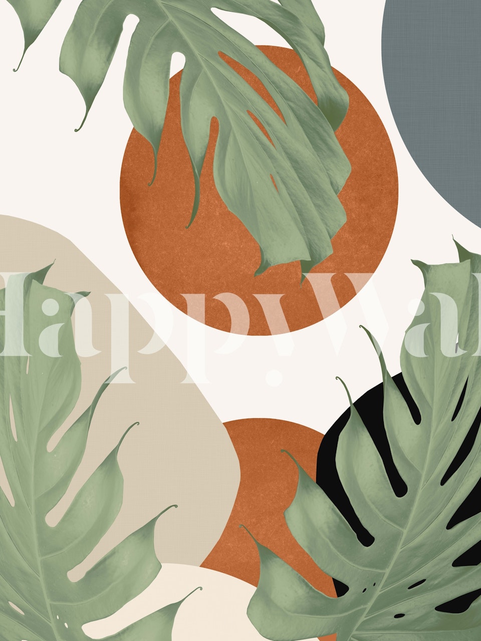 Abstract botanical wall mural with shapes and leaves in earth tones