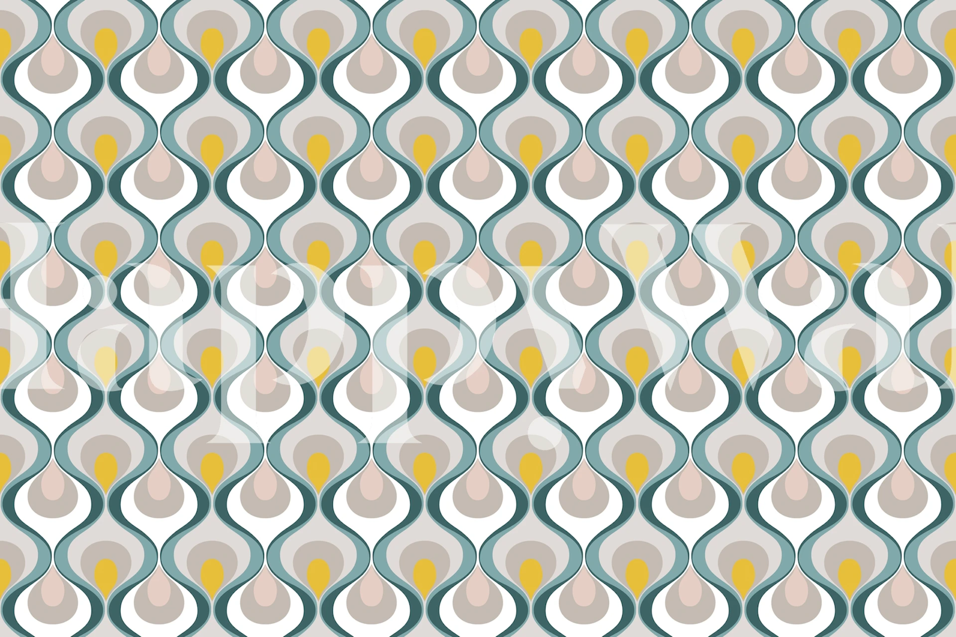 Retro-inspiriertes Wandgemälde mit flüssigem Tropfendesign in Blaugrün, Senf und Grau