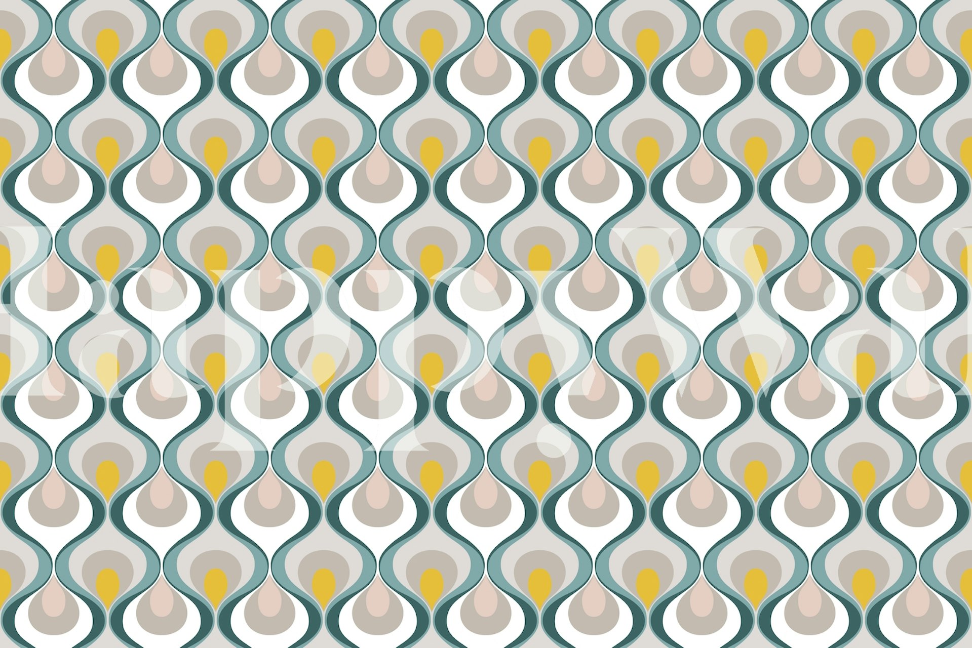 Mural de pared con diseño de gota fluida de inspiración retro en verde azulado, mostaza y gris