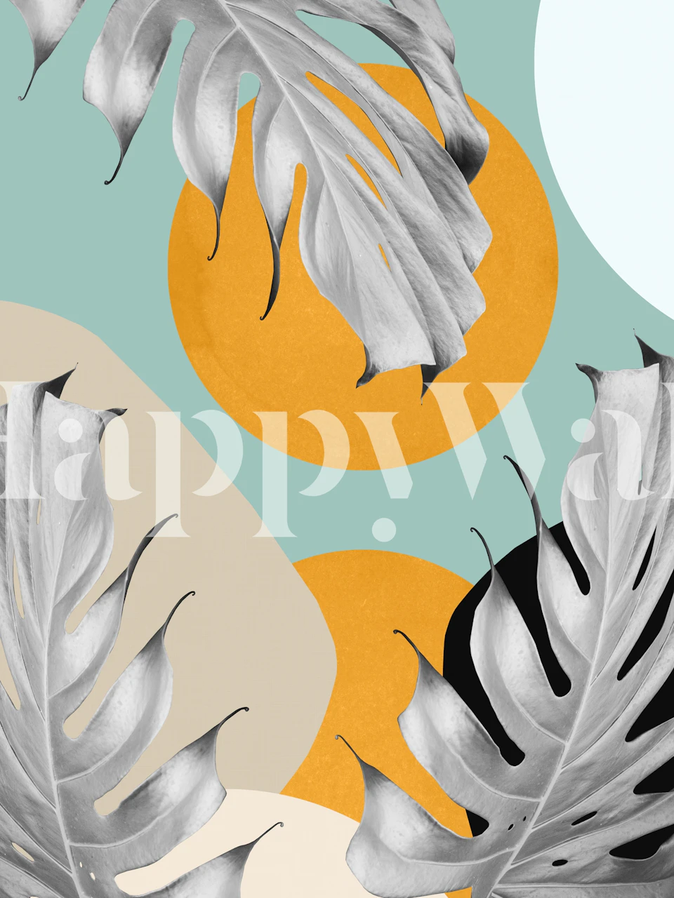 Gray monstera leaves with colorful abstract circles wallpaper