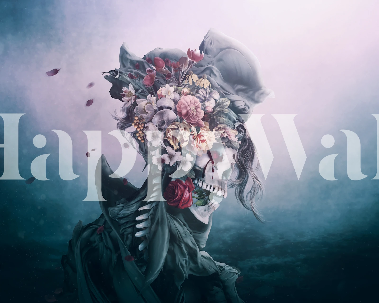 Surrealistisk skalle prydd med färgglada blommor på en blå fondväggmålning