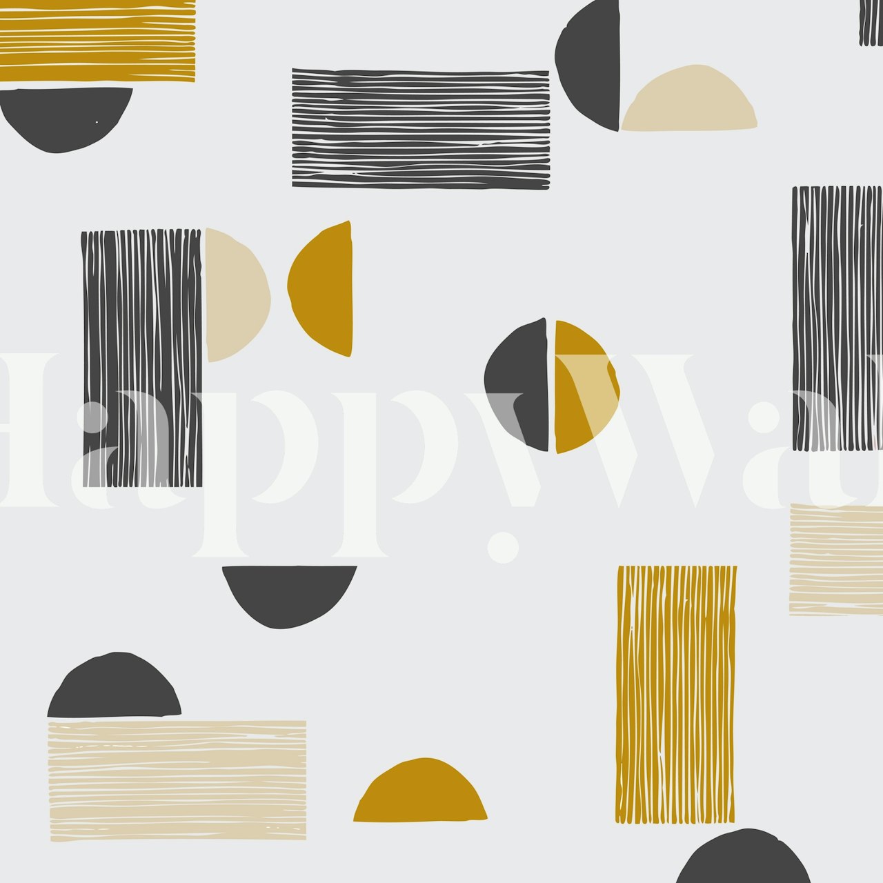 Geometric striped wallpaper featuring black, yellow, and beige shapes