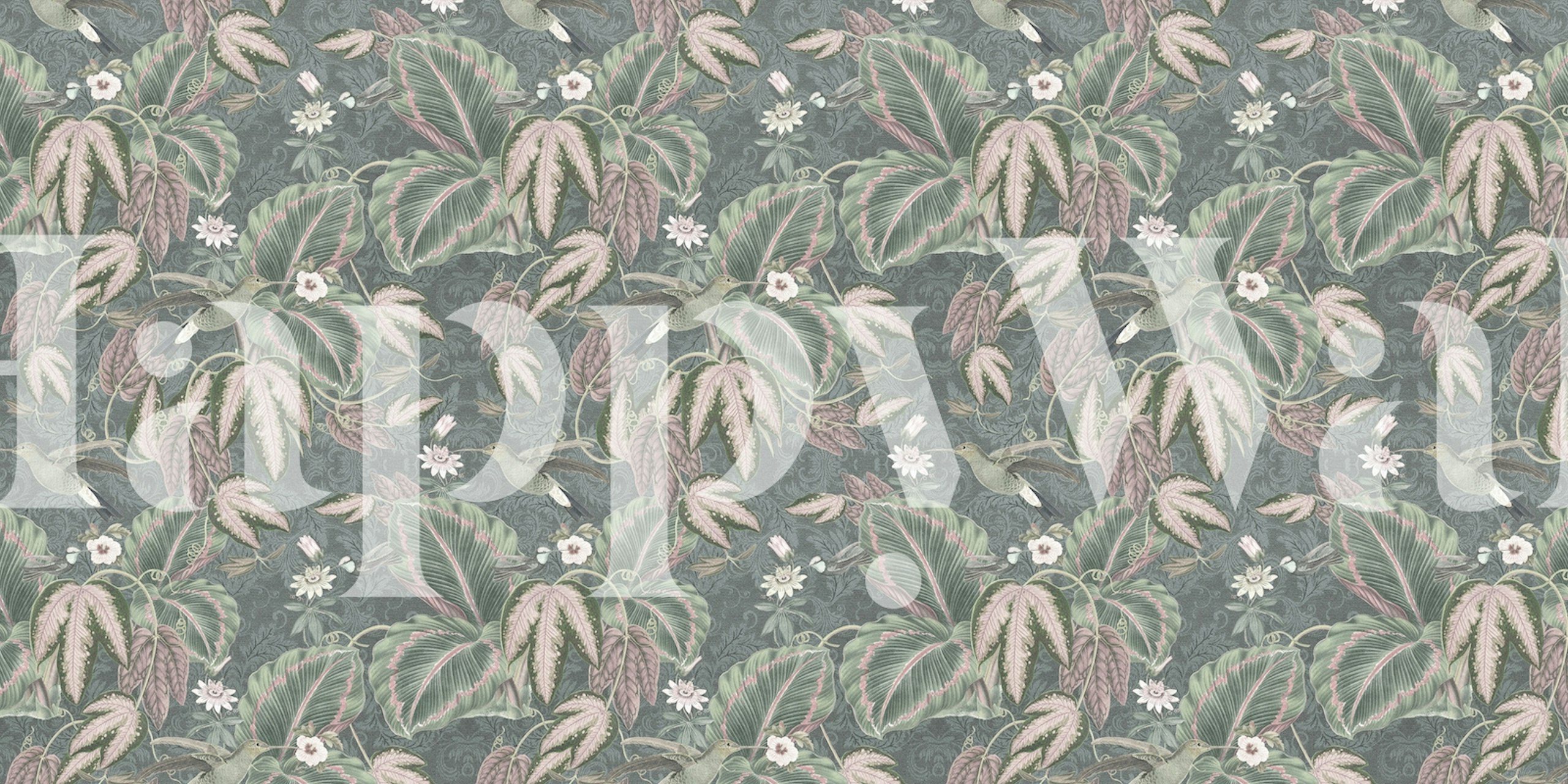 Mural de pared de estilo vintage que representa aves del paraíso y follaje en sutiles tonos pastel