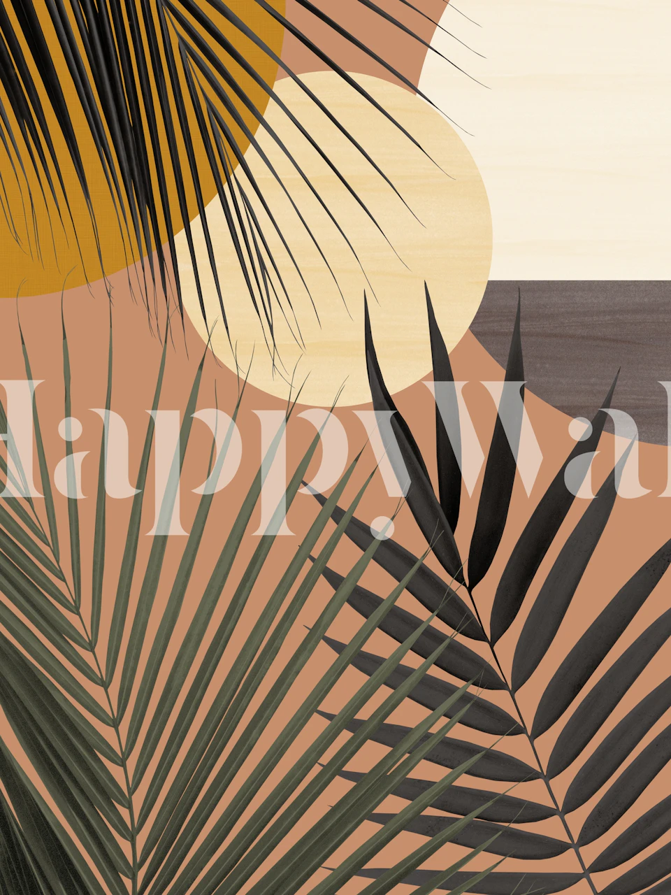 Abstract tropical palm leaf wall mural in warm tones