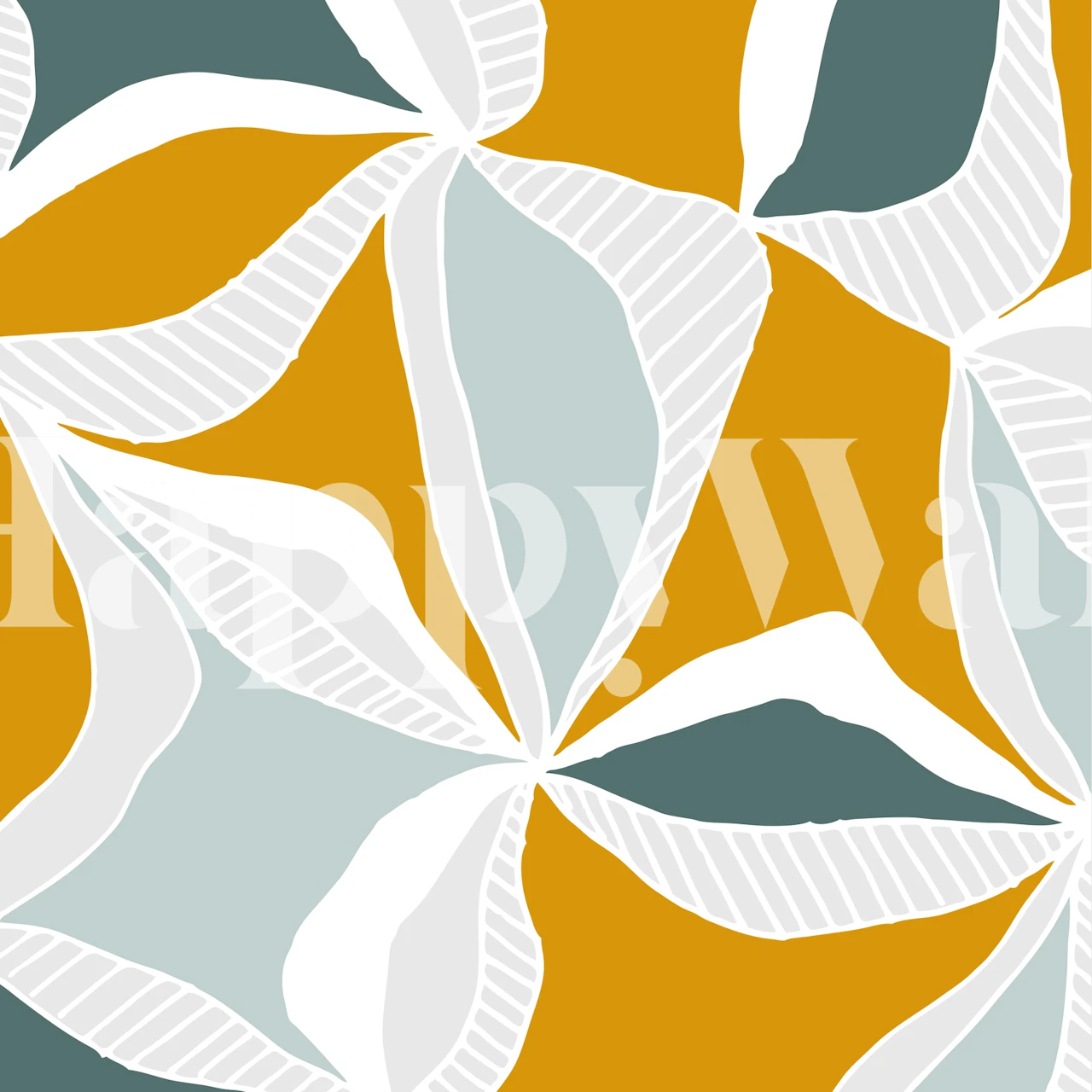 Modern floral leaf design in teal and white on mustard wallpaper