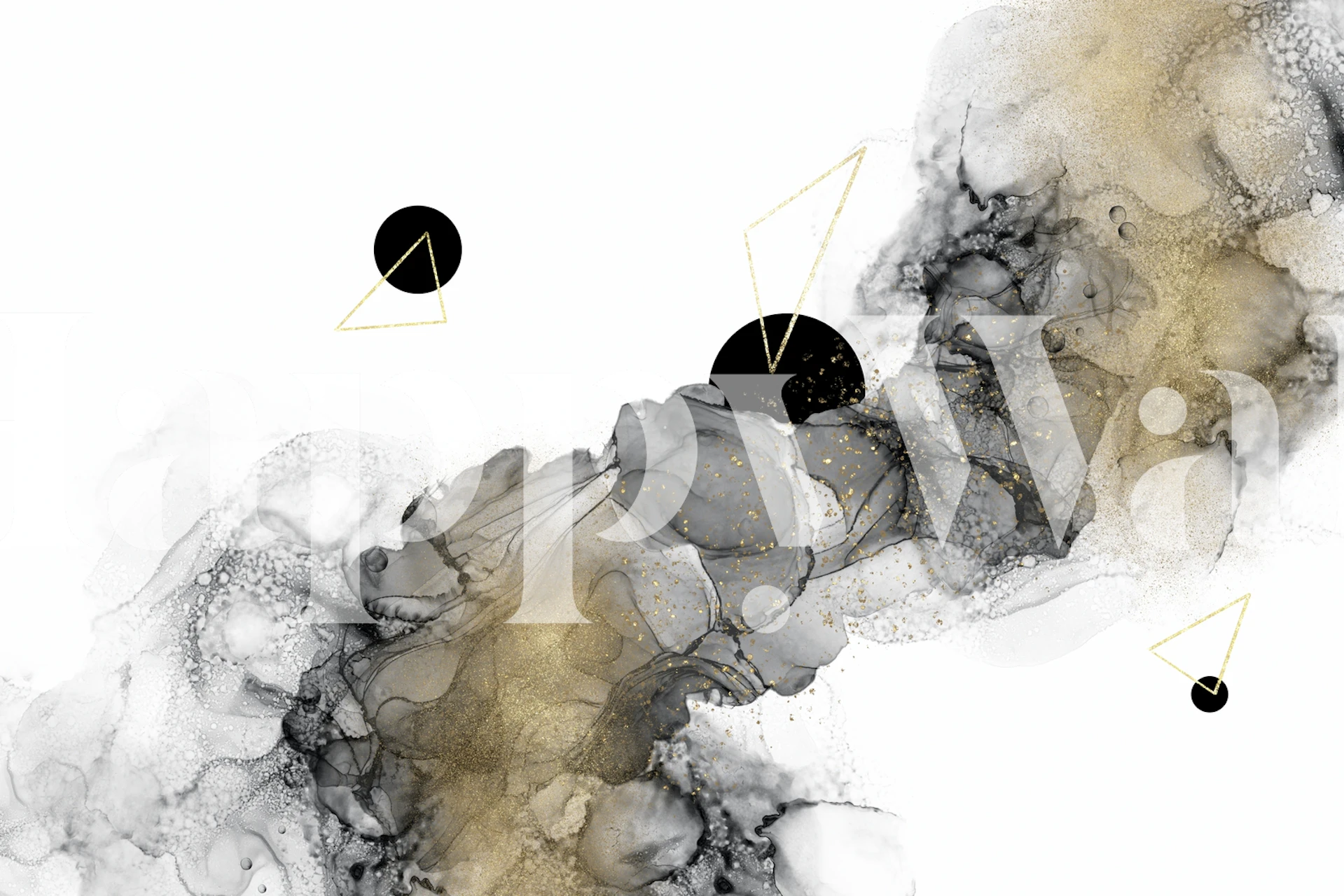 Abstract black and gold design with swirling shapes and geometric accents wallpaper