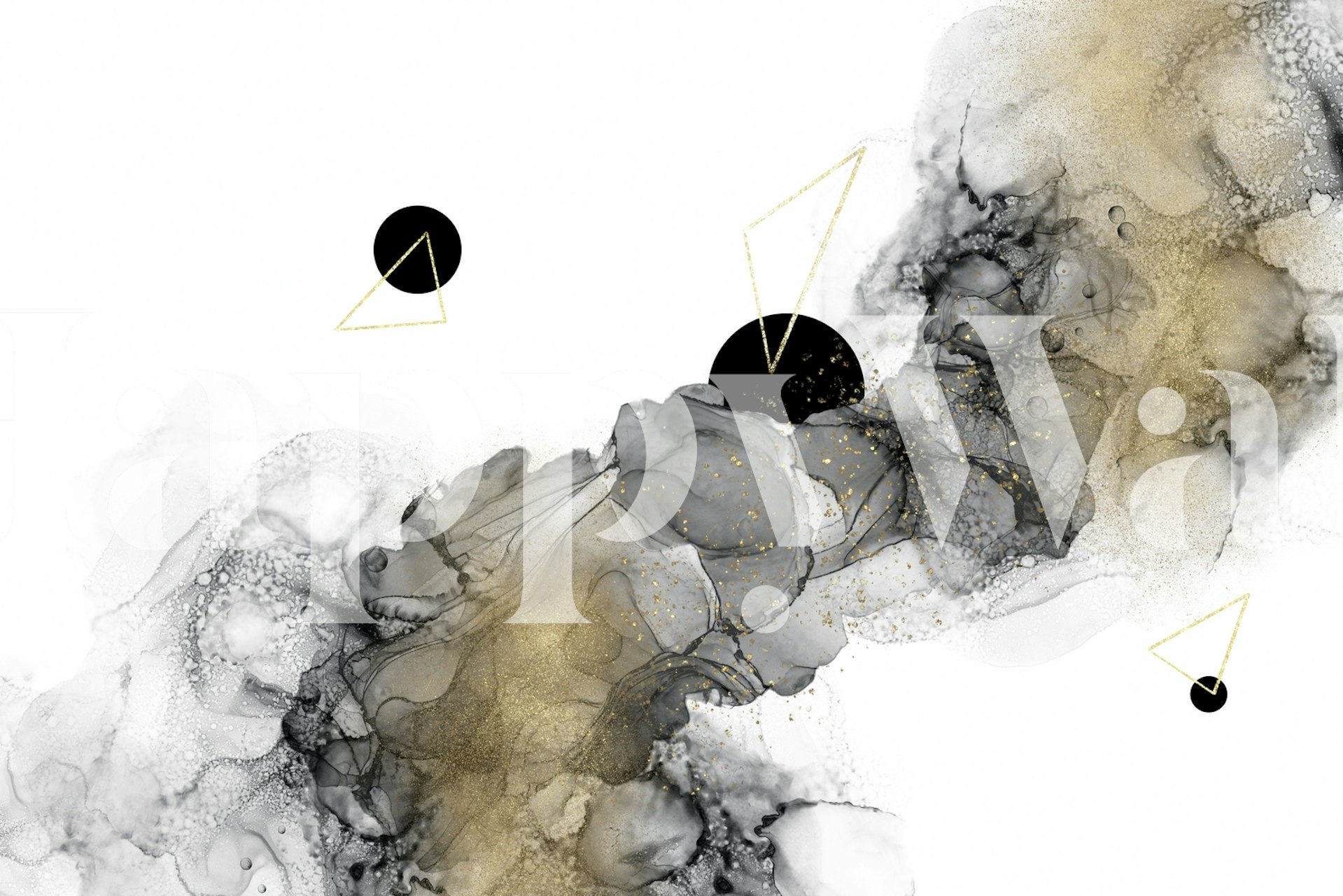 Abstract black and gold design with swirling shapes and geometric accents wallpaper