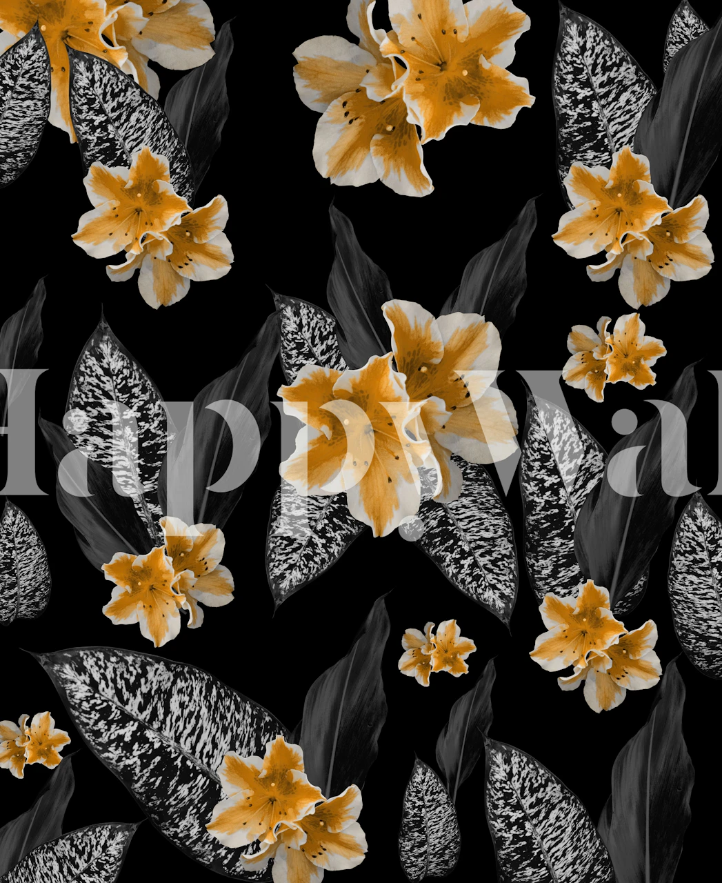 Black floral wallpaper with yellow blossoms and leaves