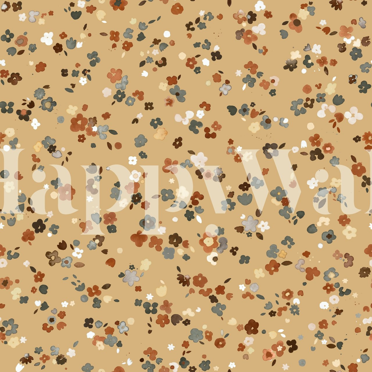 Detail nástěnné malby „Little Flowers Cottagecore“ zobrazující řadu drobných rustikálních květin na neutrálním pozadí.