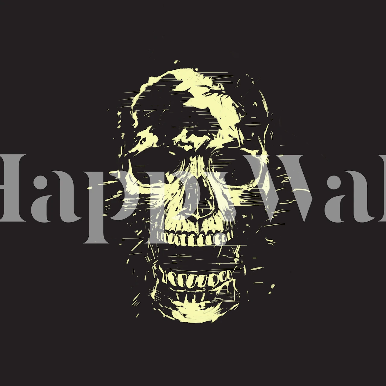 Skull graphic in gray and yellow tones on black background wallpaper