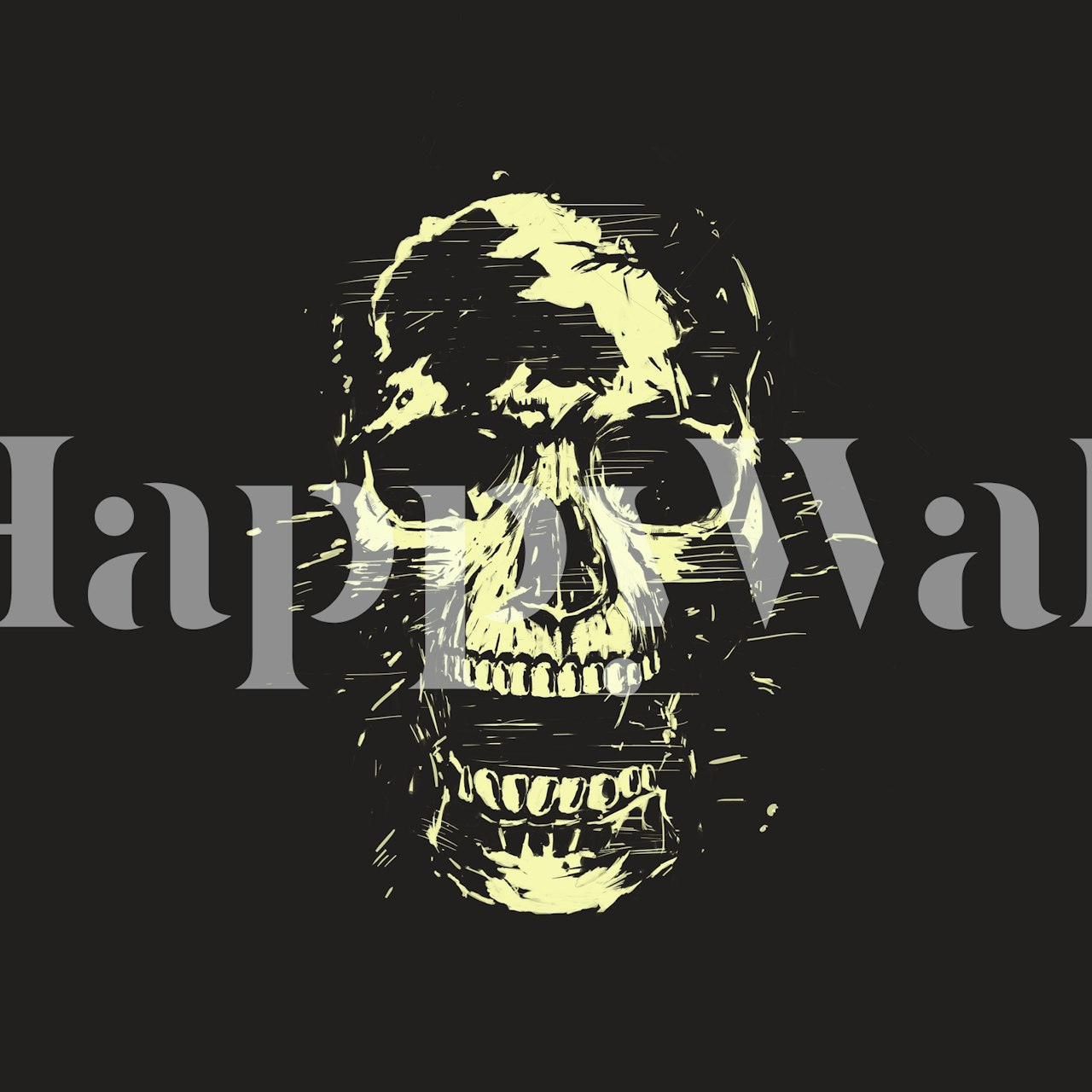 Skull graphic in gray and yellow tones on black background wallpaper