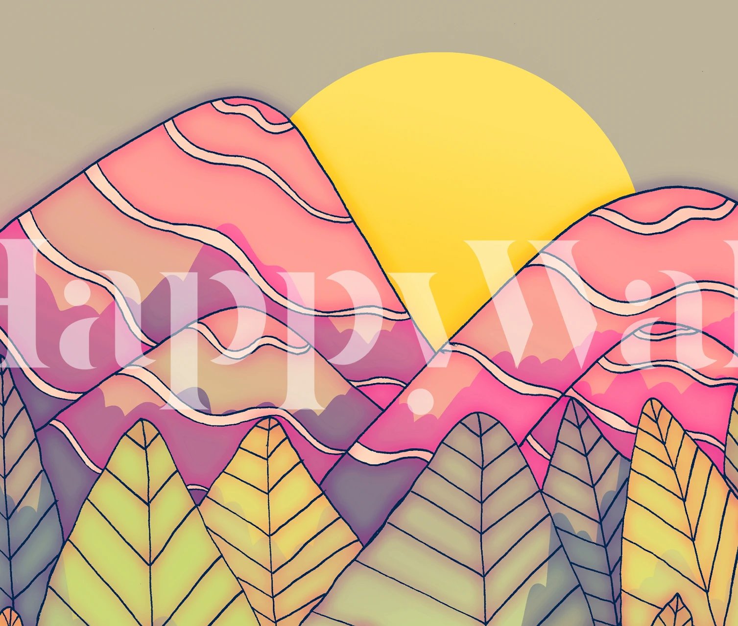 Tropical landscape design with pink mountains and yellow sun wallpaper