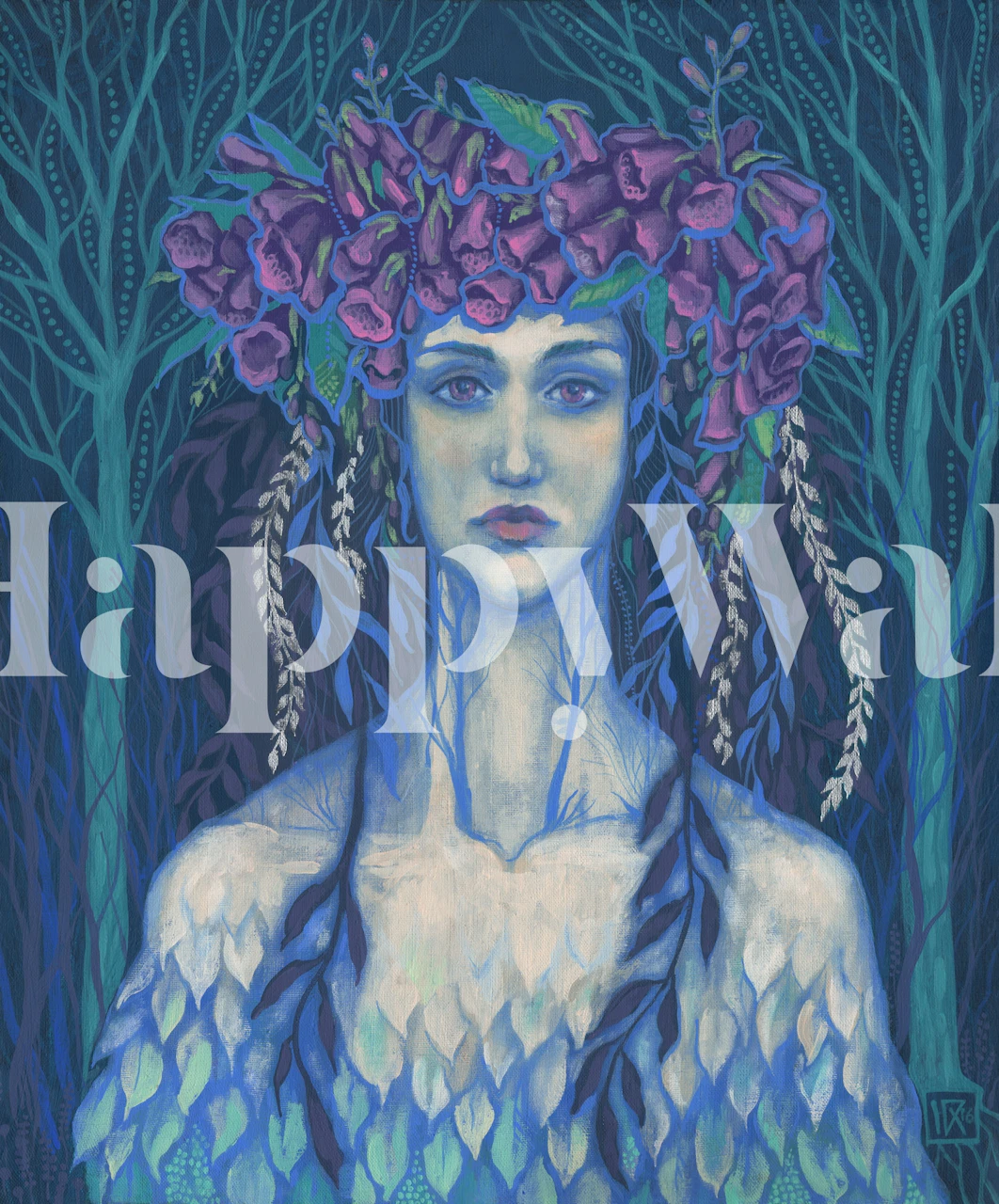 Surreal wall mural of a dryad draped in a foxgloves crown against a dark forest backdrop.