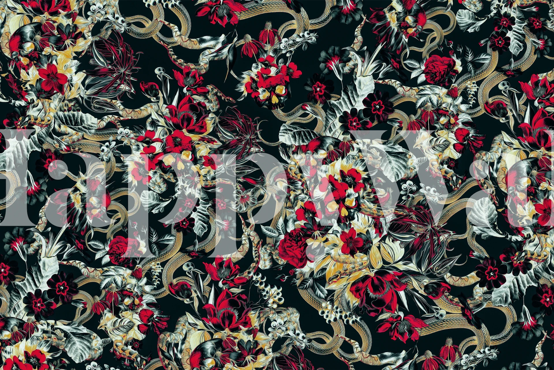 Skull and snakes with red flowers and gold accents wallpaper