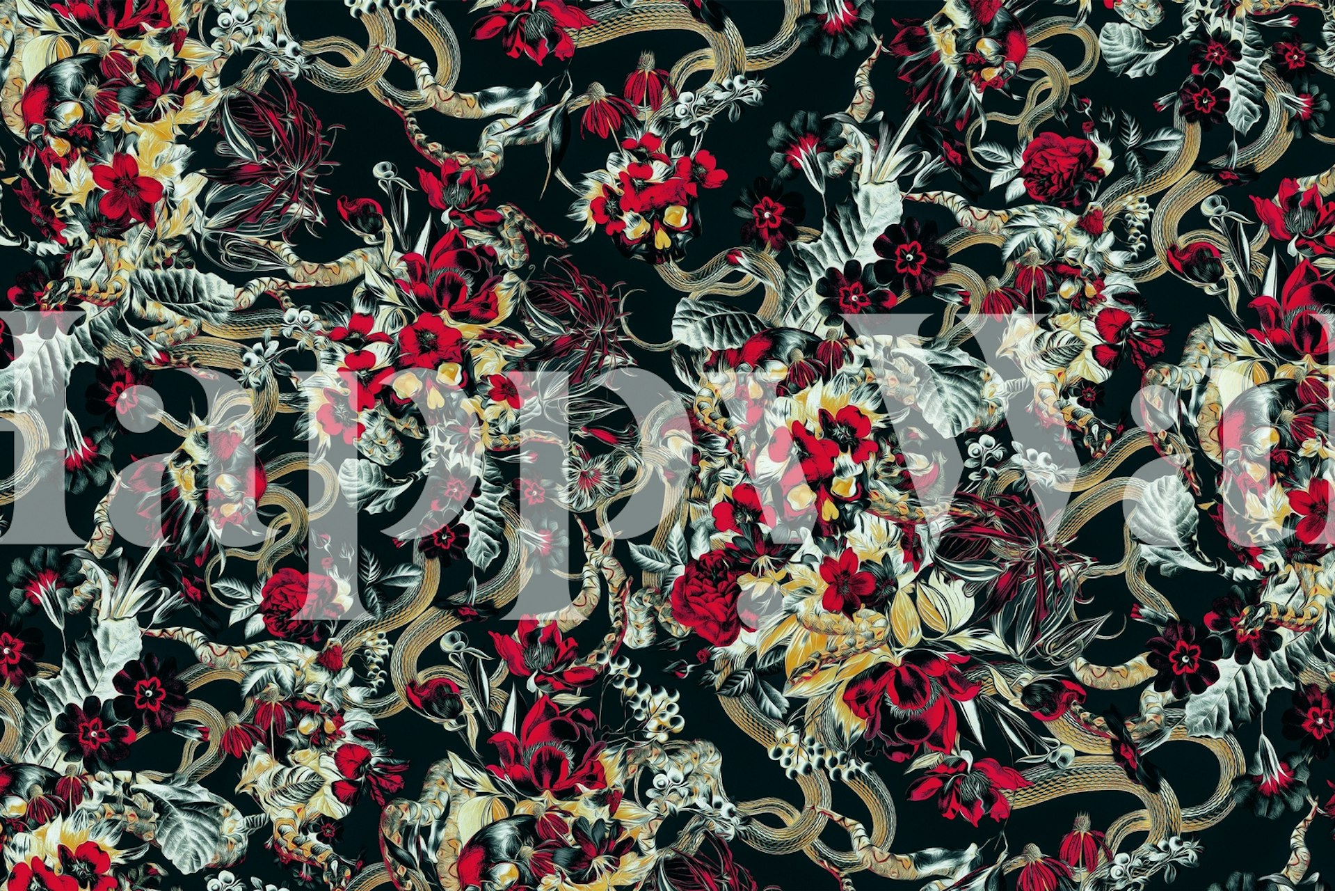 Skull and snakes with red flowers and gold accents wallpaper