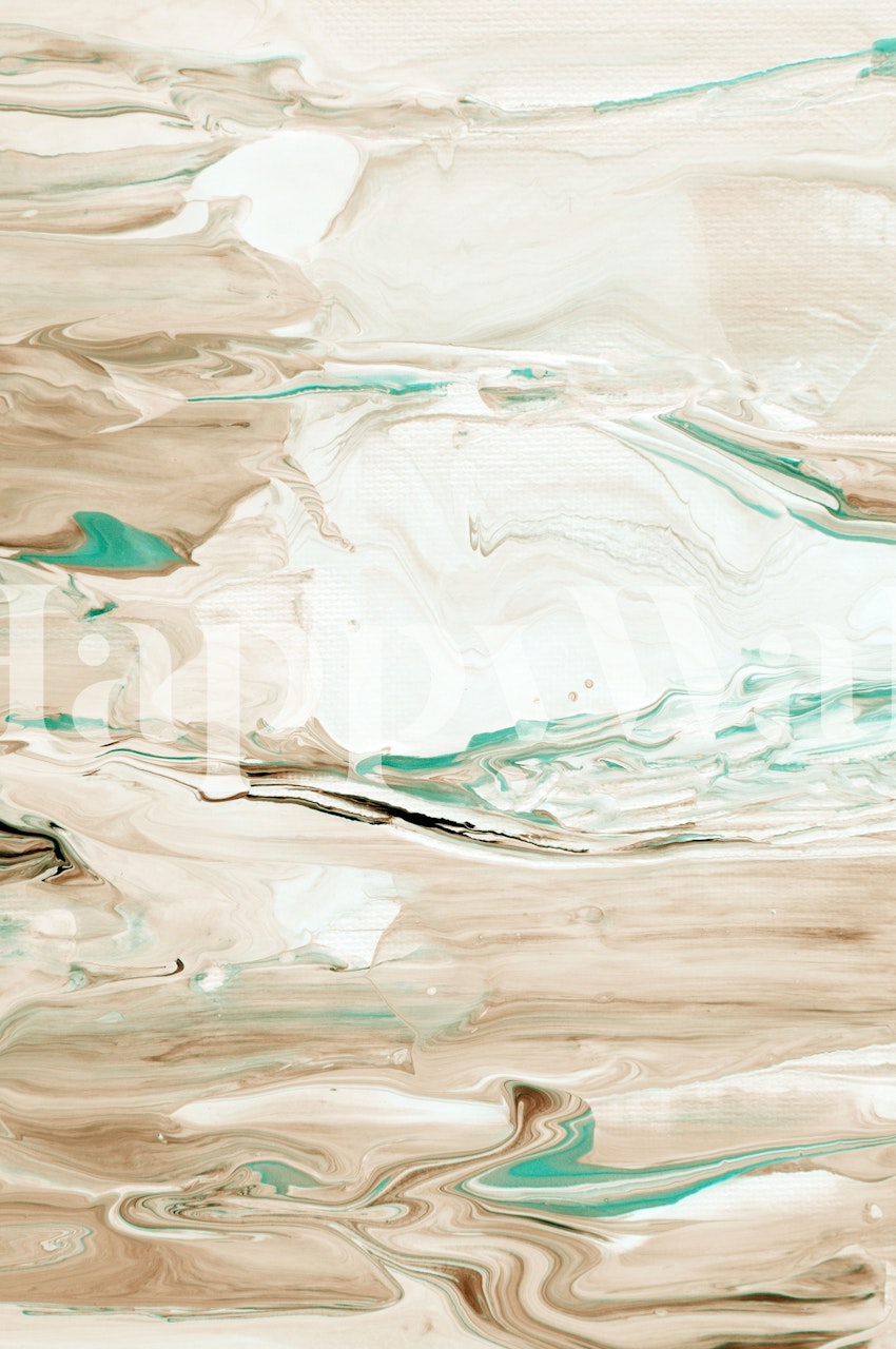 Abstract wall mural with creamy whites, taupes, and teals simulating a marble texture