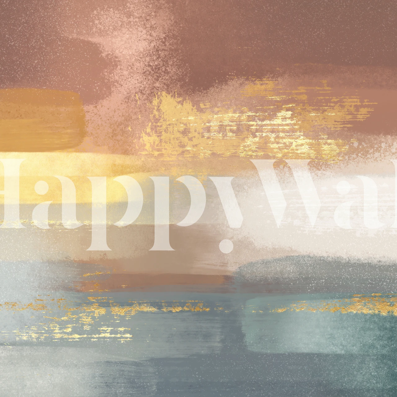 Abstract brush strokes in gold, blue, and neutral colors wallpaper