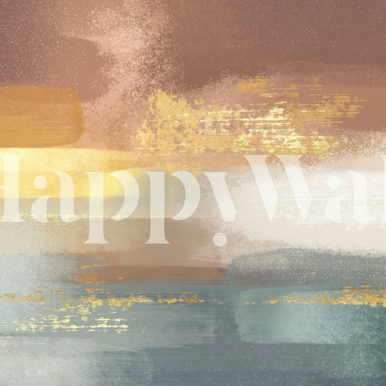 Abstract brush strokes in gold, blue, and neutral colors wallpaper