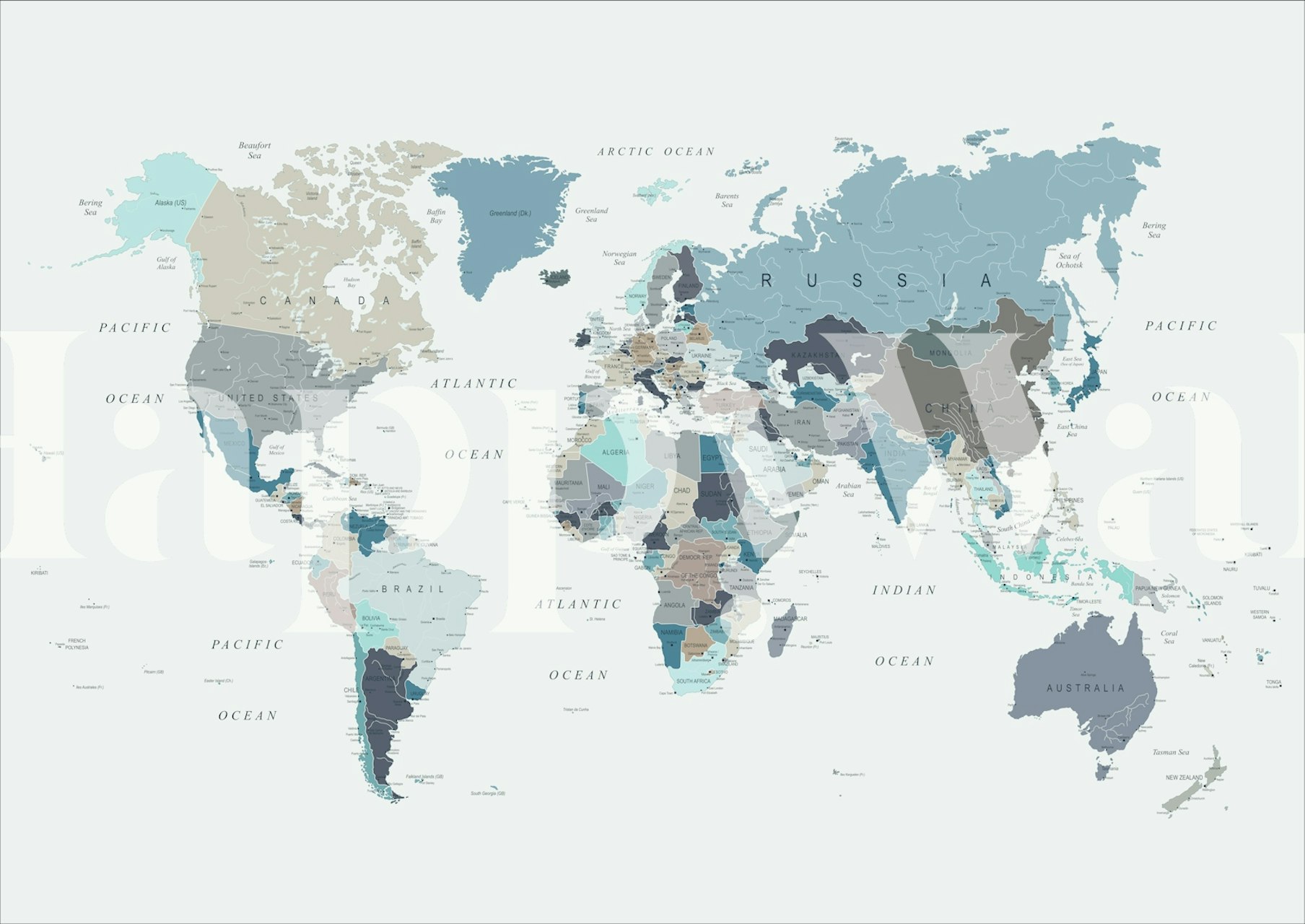 World map in neutral tones with shades of blue and gray wallpaper