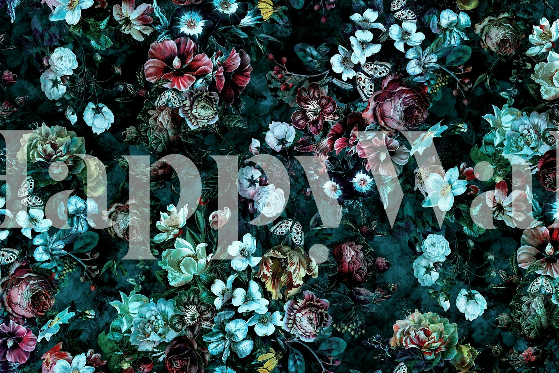 Dark floral pattern with pink, blue, and white flowers wallpaper