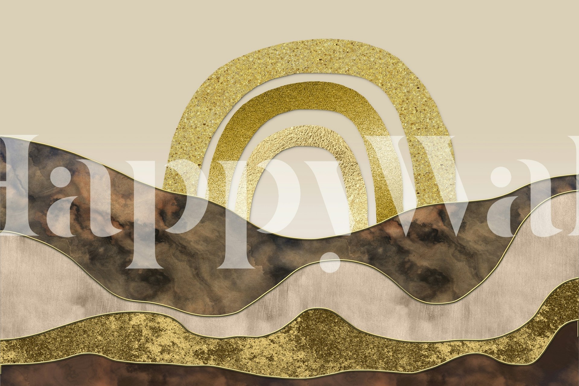 Gold Rainbow Marble Landscape wall mural with golden arch and marbled waves on a neutral background