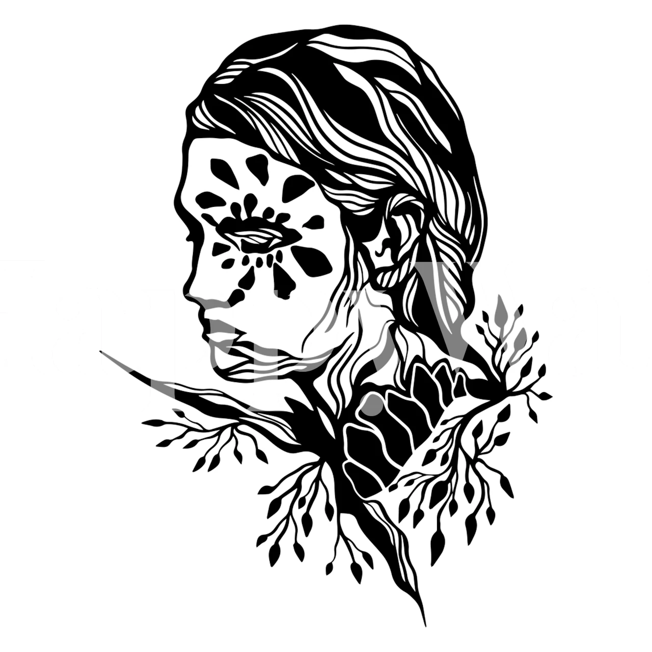 Black floral art design featuring elegant face silhouette wallpaper