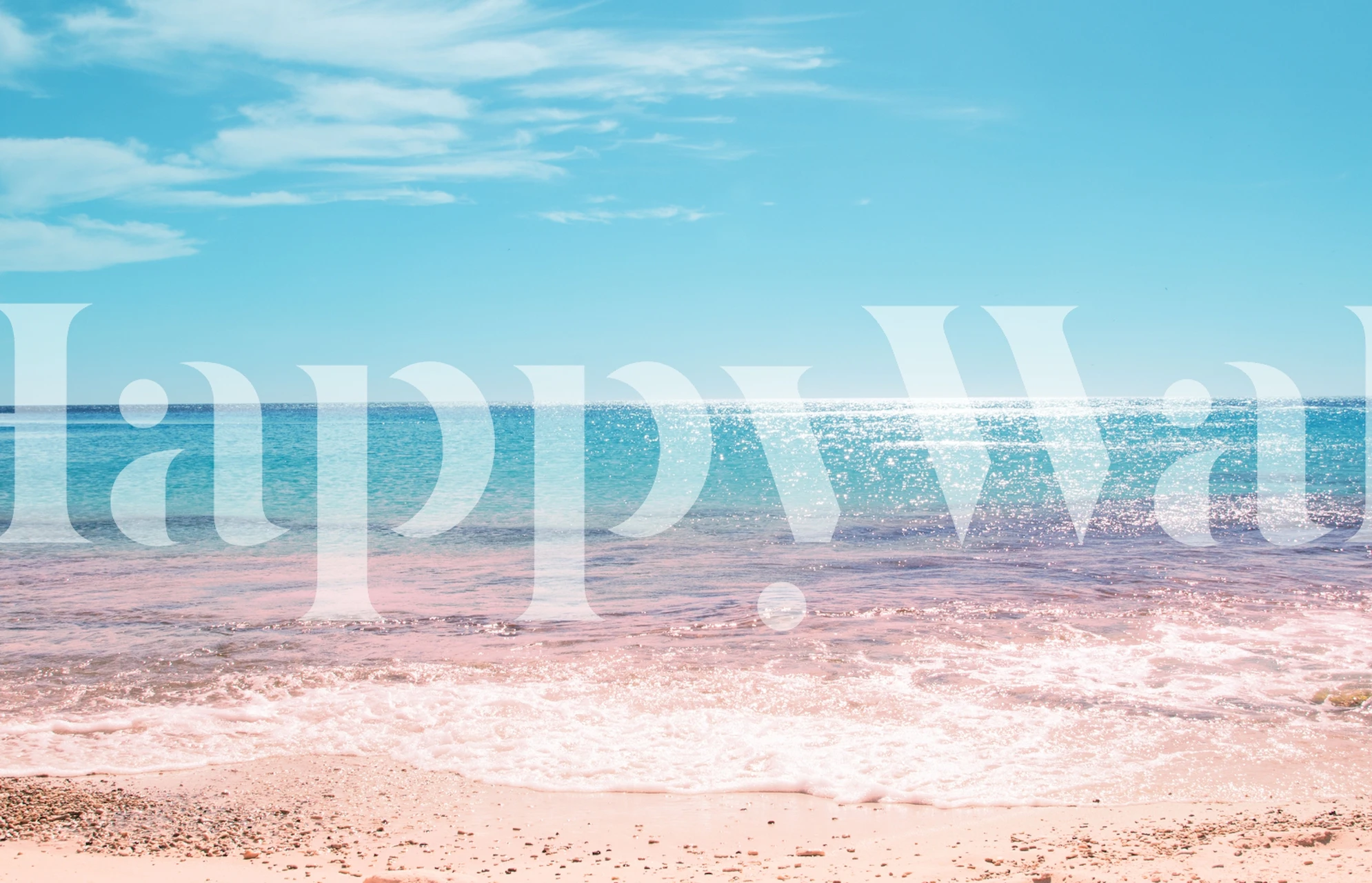 Tropical beach scene with blue ocean, soft pink waves, and clear sky wallpaper