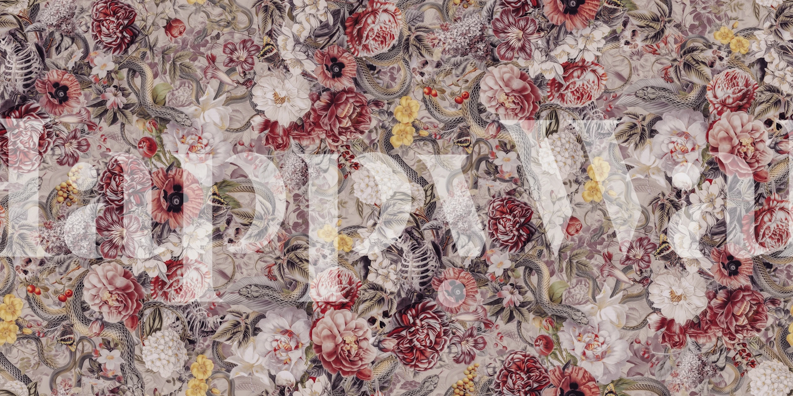 Floral wallpaper with skulls and snakes, featuring red, pink, yellow, and green elements in a detailed pattern.