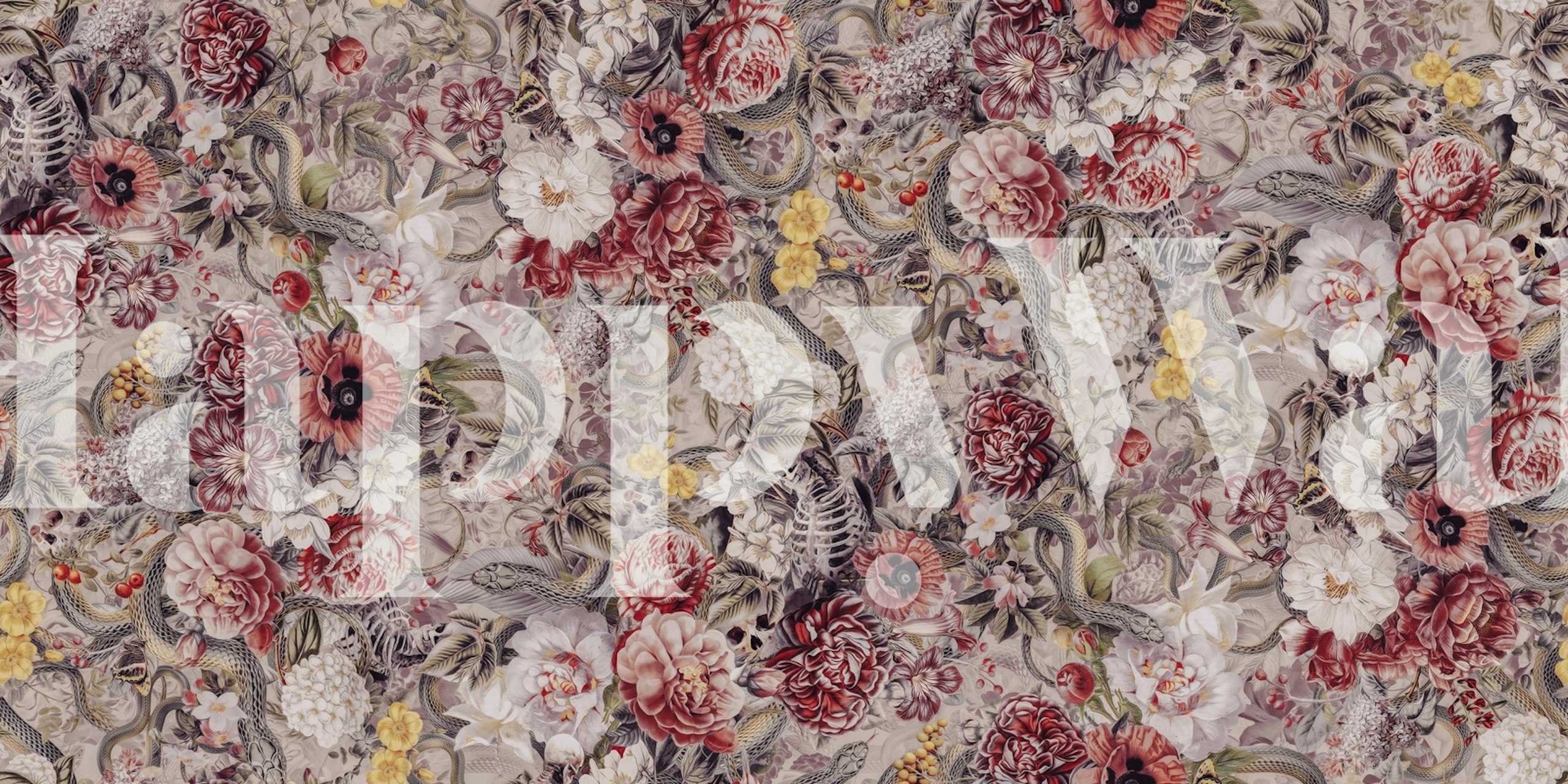 Floral wallpaper with skulls and snakes, featuring red, pink, yellow, and green elements in a detailed pattern.