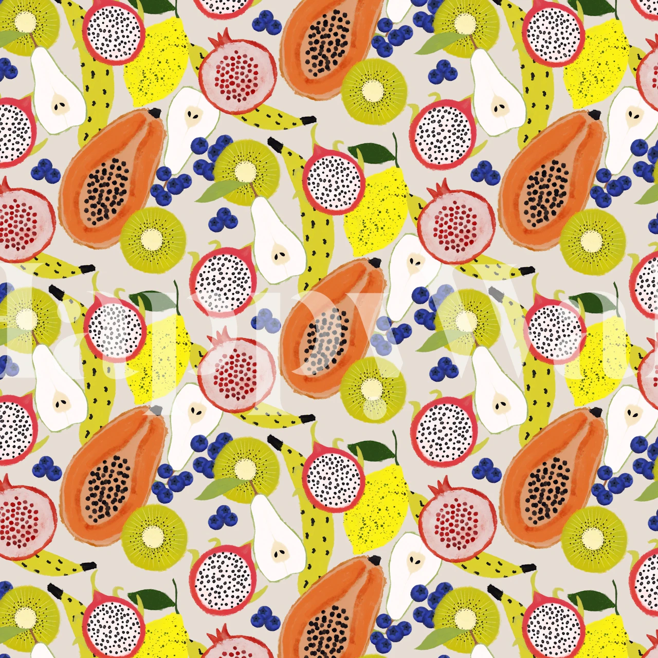 Färgglada tropiska frukter fototapet med papaya, kiwi, bananer och citrus