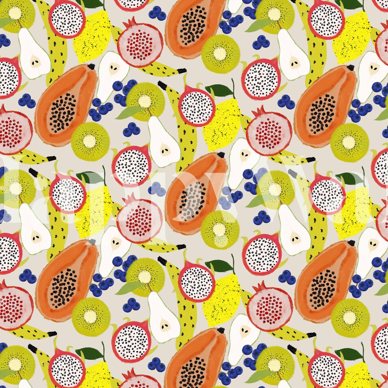 Colorful tropical fruits wall mural with papayas, kiwis, bananas, and citrus